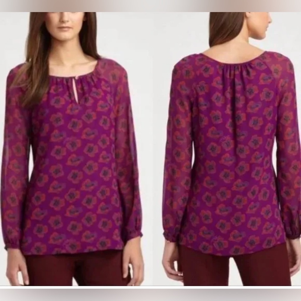 Tory Burch Women’s 100% Silk Signature Pansies Print Blouse Size 4 Purple Flower